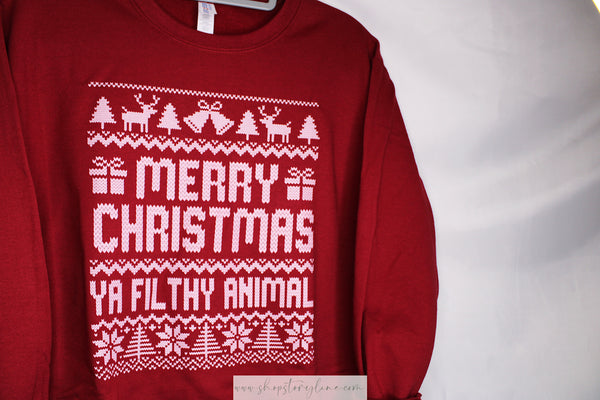 Merry Christmas Ya Filthy Animal - Red Crewneck